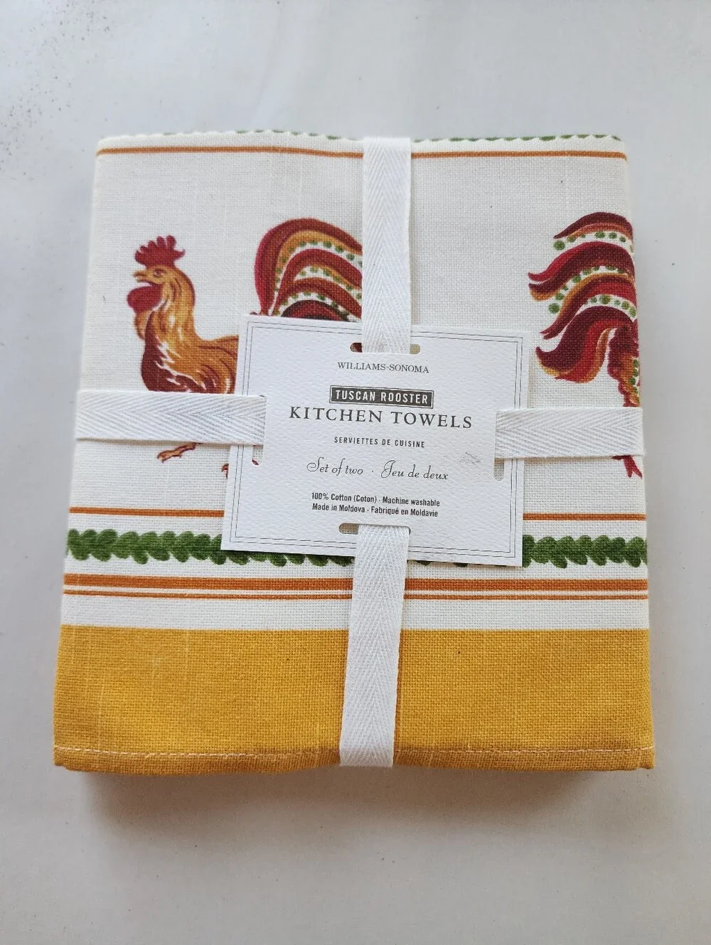 New Williams Sonoma Tuscan Rooster Kitchen Towels Yellow & Multi (Set of 2)